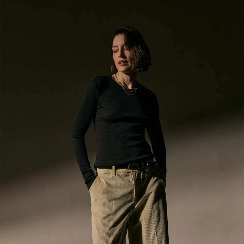 Cotton Gauze Ribbed Long Sleeve Crew - Black sold by James Perse