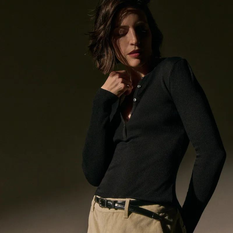 Cotton Gauze Ribbed Henley - Black sold by James Perse