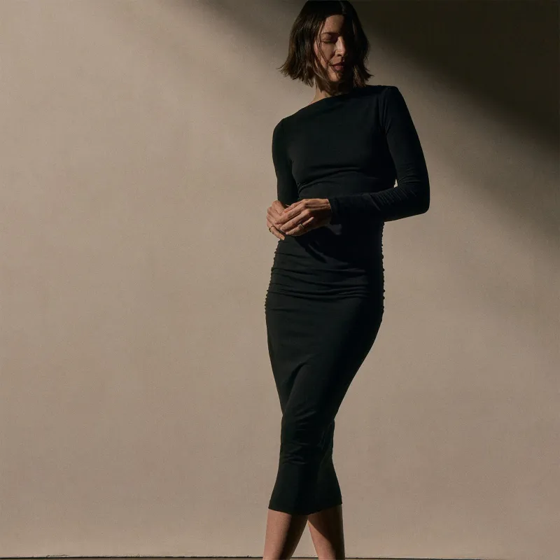 Ruched Long Sleeve Dress - Black sold by James Perse