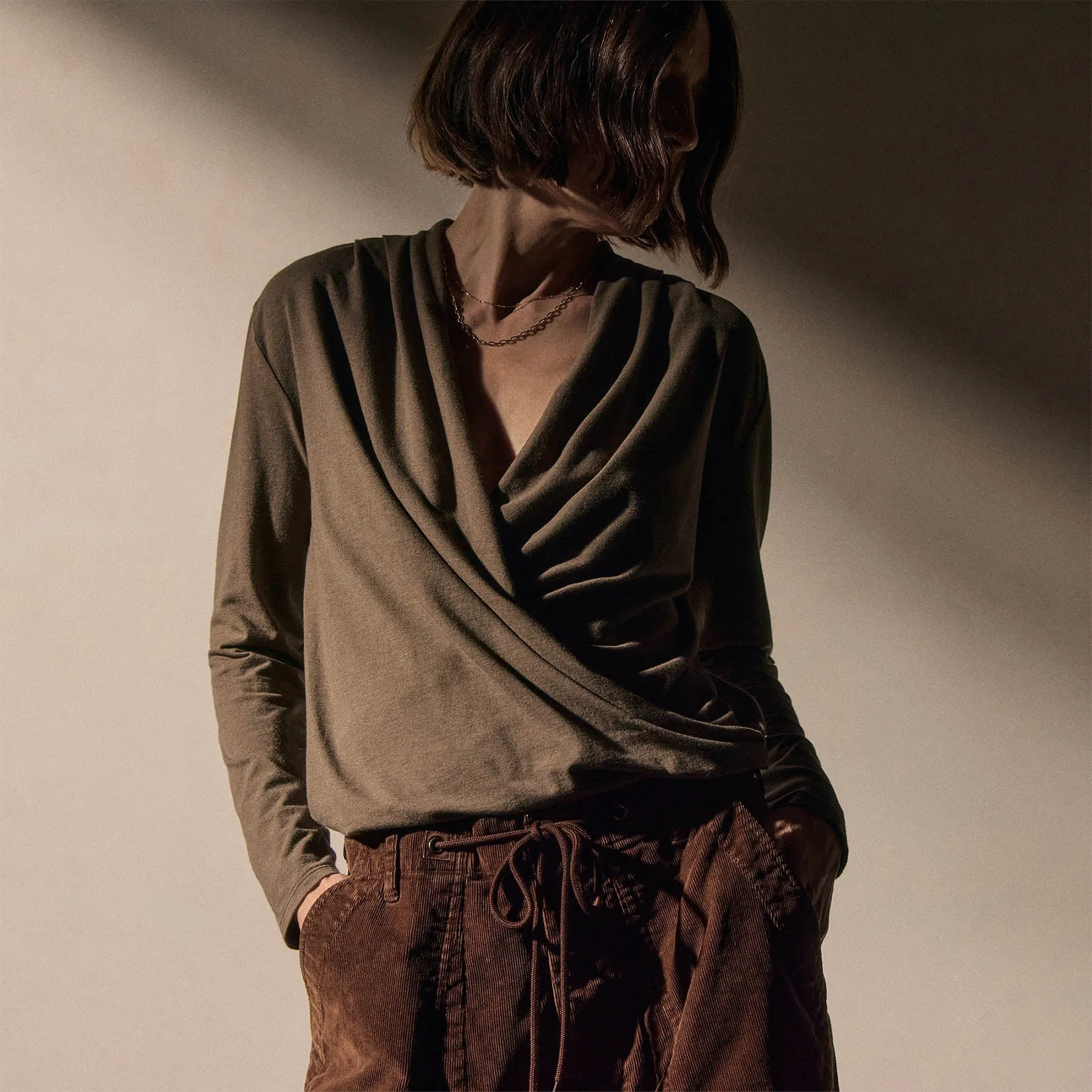 Melange Jersey Drape Front Top - Caribou sold by James Perse