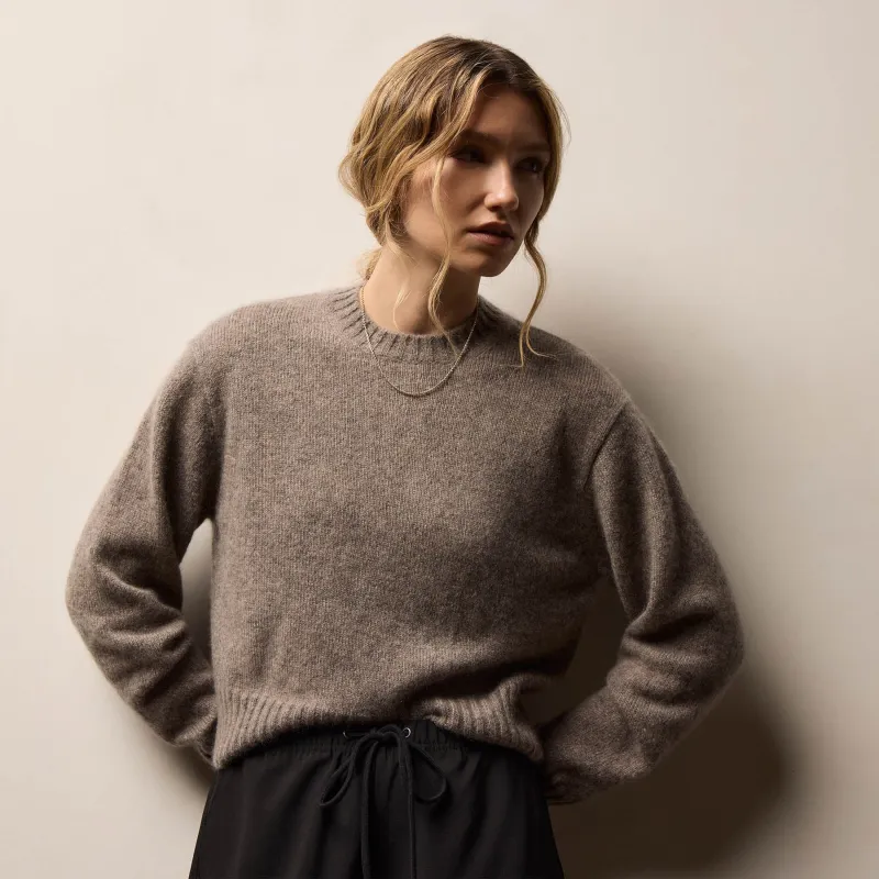 Lightweight Textured Cashmere Crew - Beige Melange sold by James Perse
