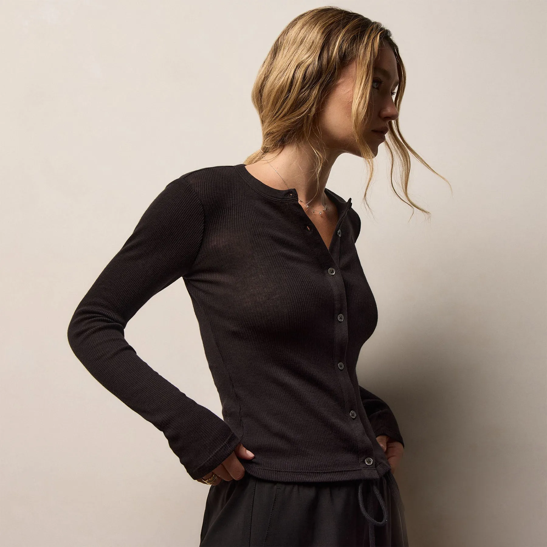 Cotton Gauze Rib Button Front - Black sold by James Perse