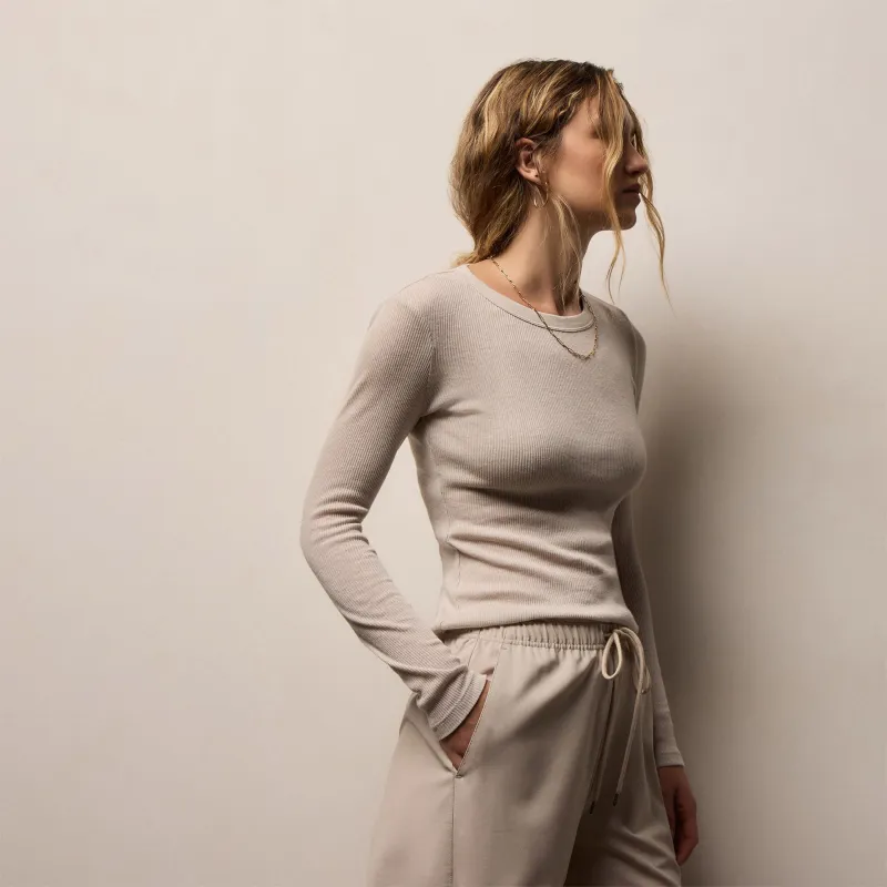 Cotton Gauze Ribbed Long Sleeve Crew - Salt sold by James Perse