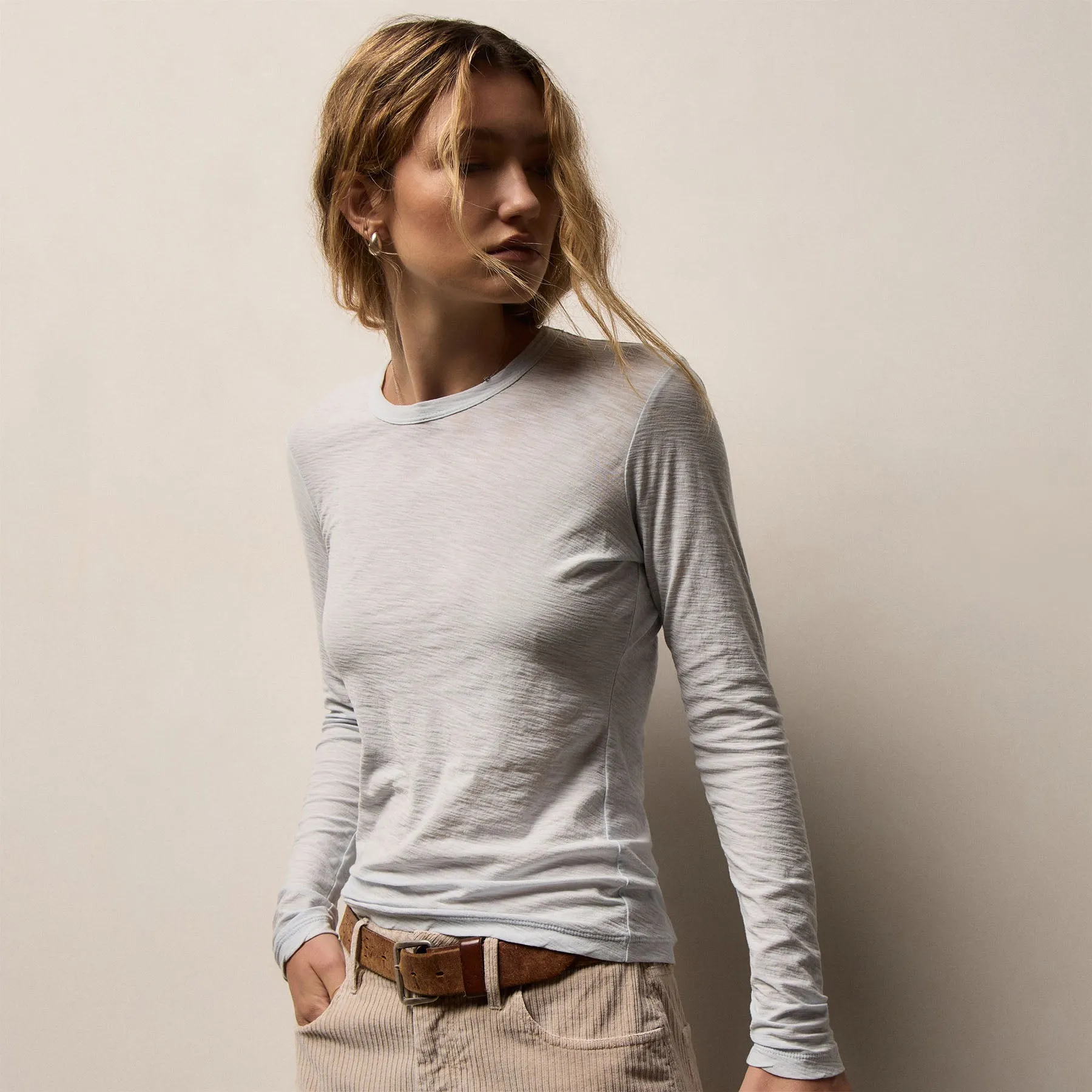 Sheer Slub Long Sleeve Crew - Memory sold by James Perse