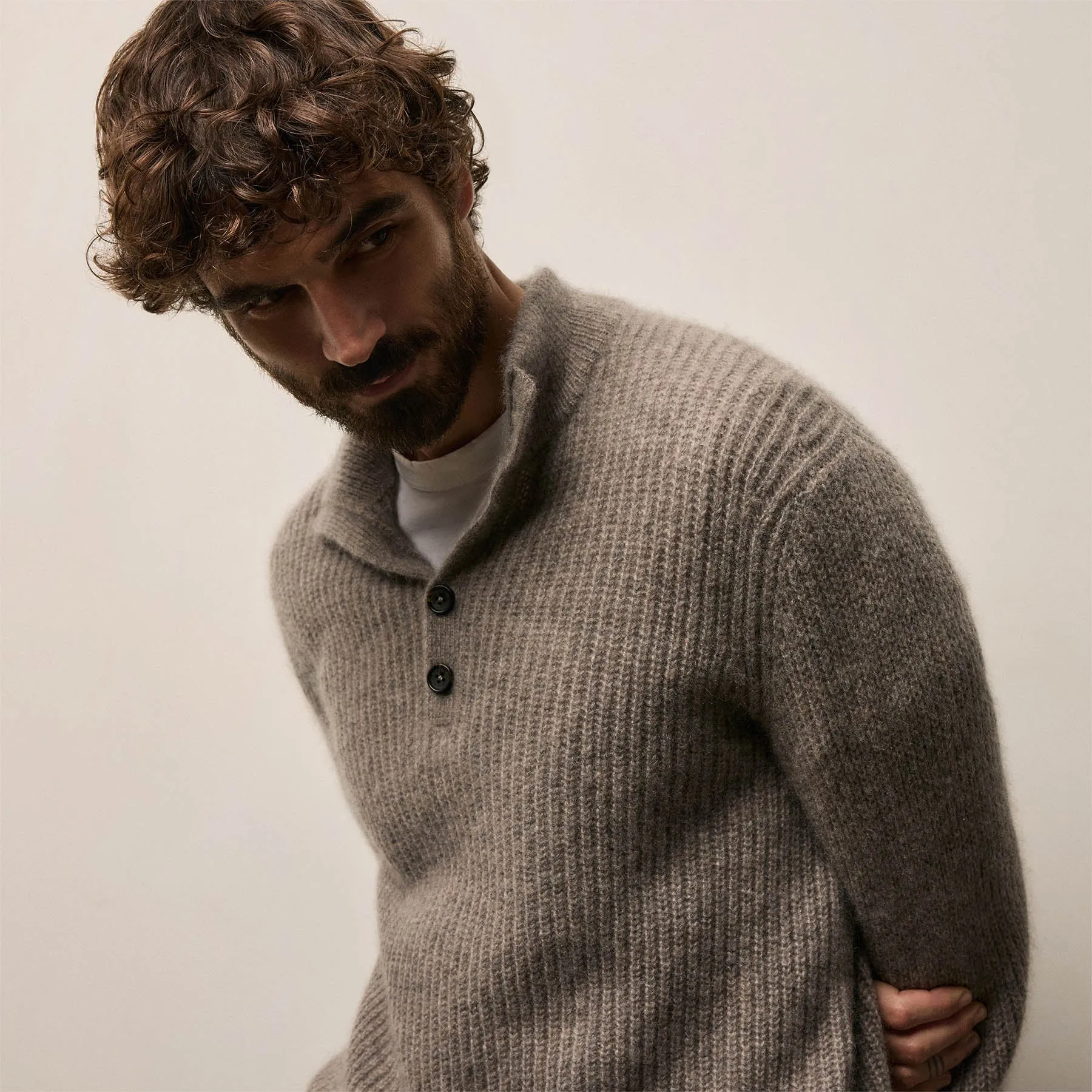Lightweight Cashmere 1/4 Button Sweater - Beige Melange sold by James Perse product image thumbnail 4