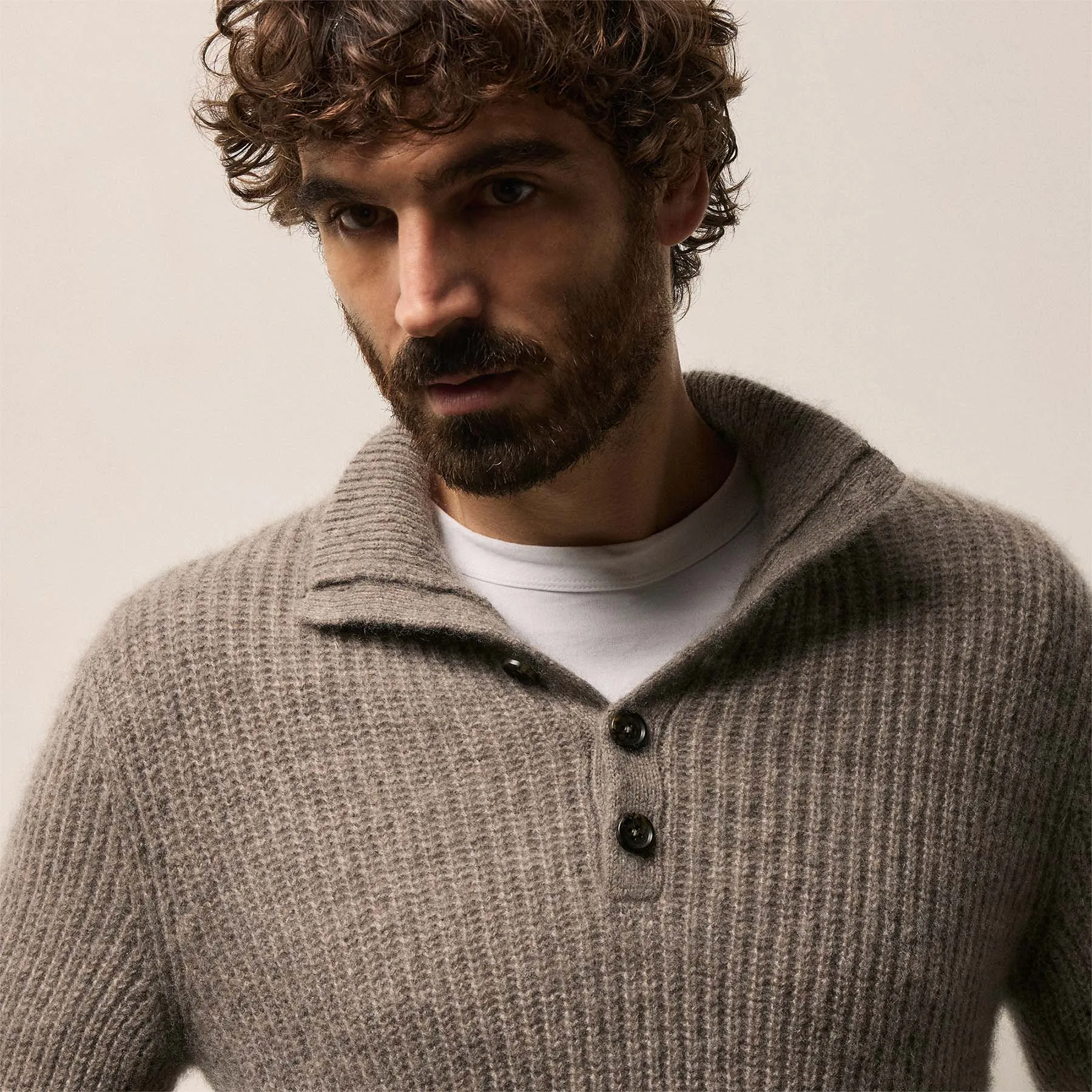 Lightweight Cashmere 1/4 Button Sweater - Beige Melange sold by James Perse product image thumbnail 3