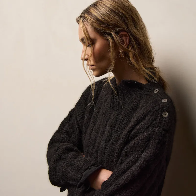 Cashmere Silk Cable Knit Sweater - Black sold by James Perse