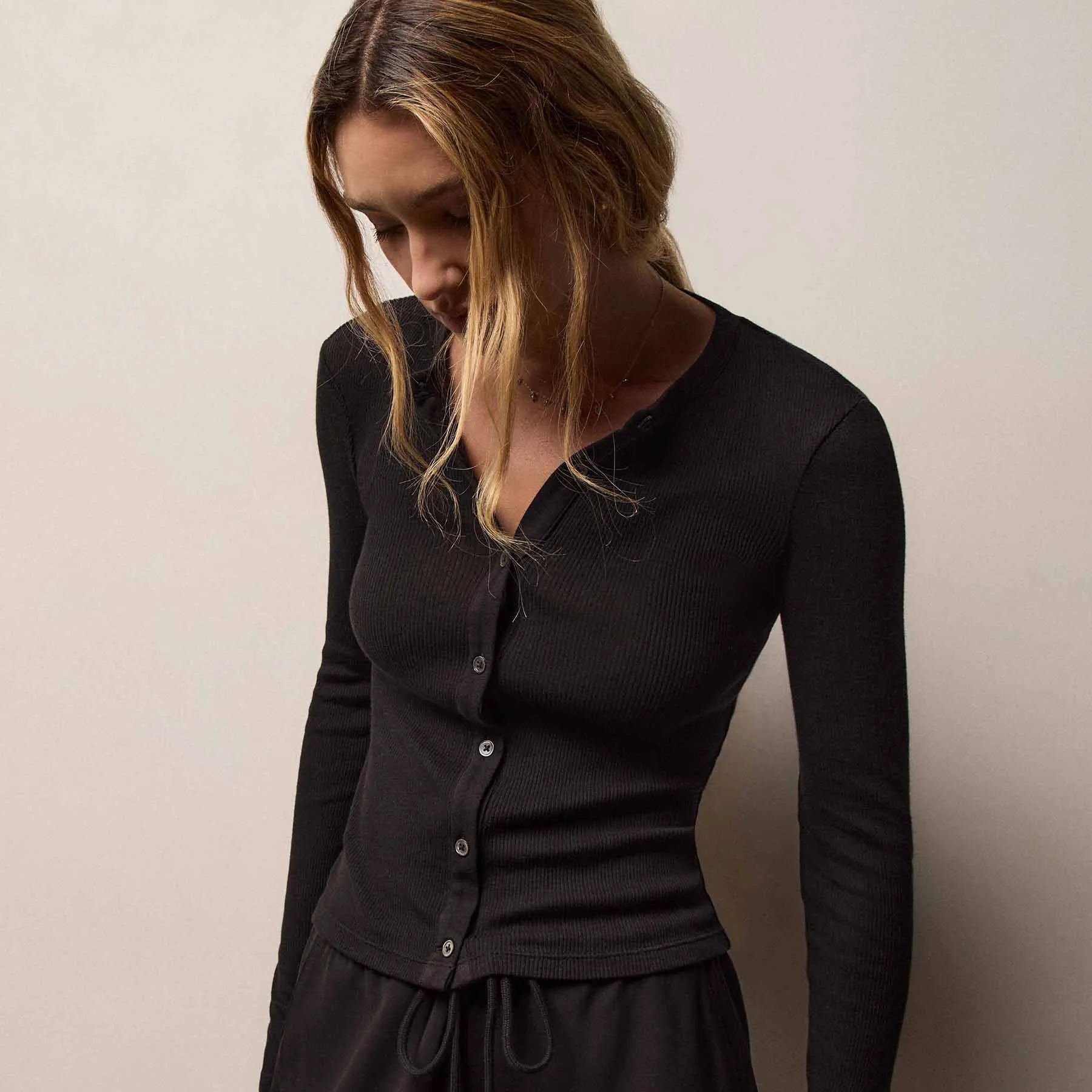 Cotton Gauze Ribbed Button Top - Black sold by James Perse product image thumbnail 3