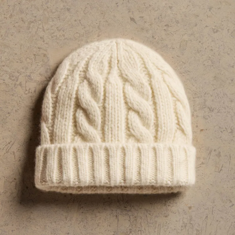 Lightweight Textured Cashmere Cable Knit Beanie - Ivory sold by James Perse