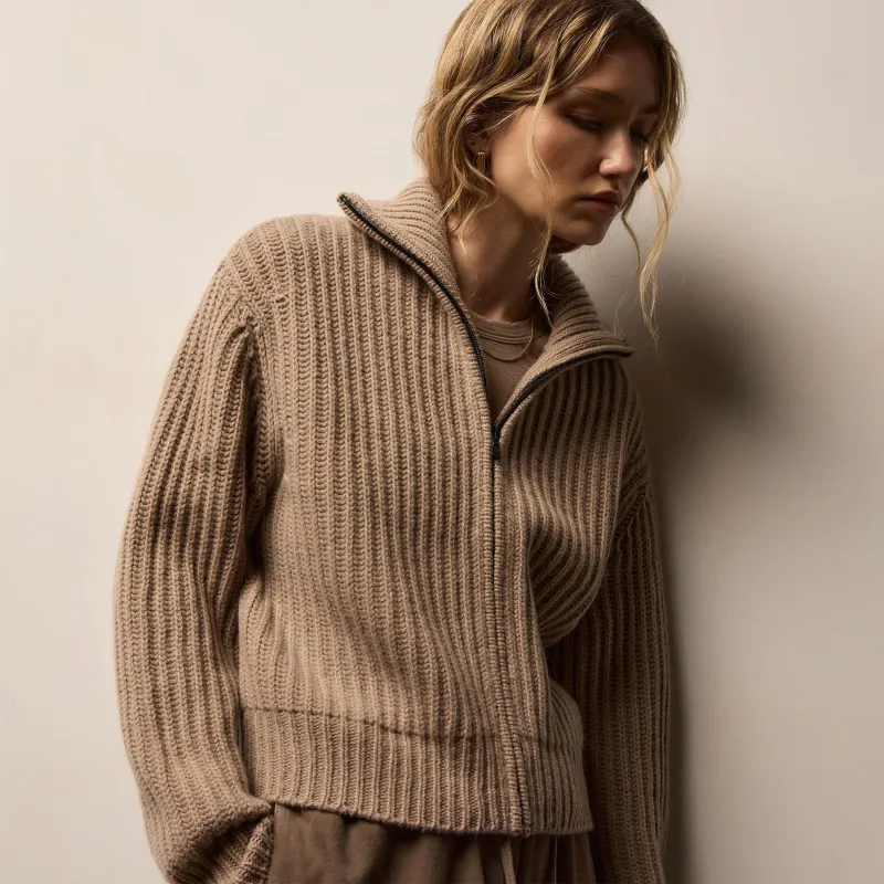 Recycled Cashmere Zip Funnel Neck - Coffee/Stucco sold by James Perse