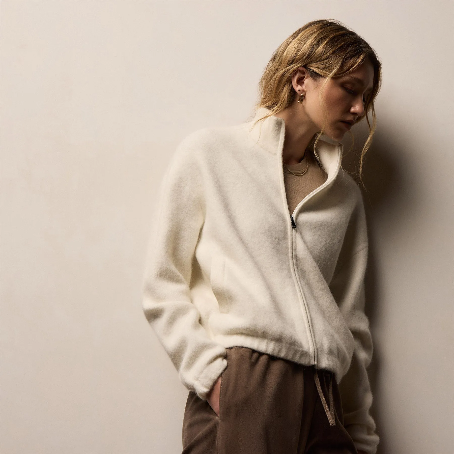 Wool Alpaca Stretch Zip Jacket - Ivory sold by James Perse