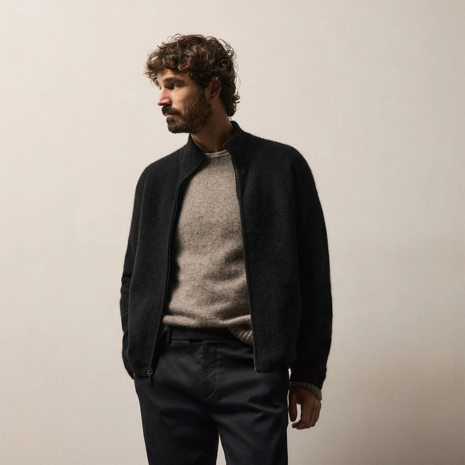 Wool Alpaca Stretch Zip Front - Black sold by James Perse