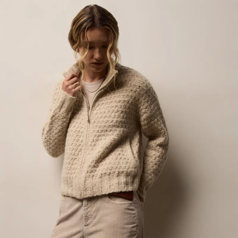 Cashmere Silk Zip Front Sweater - Biscotti sold by James Perse