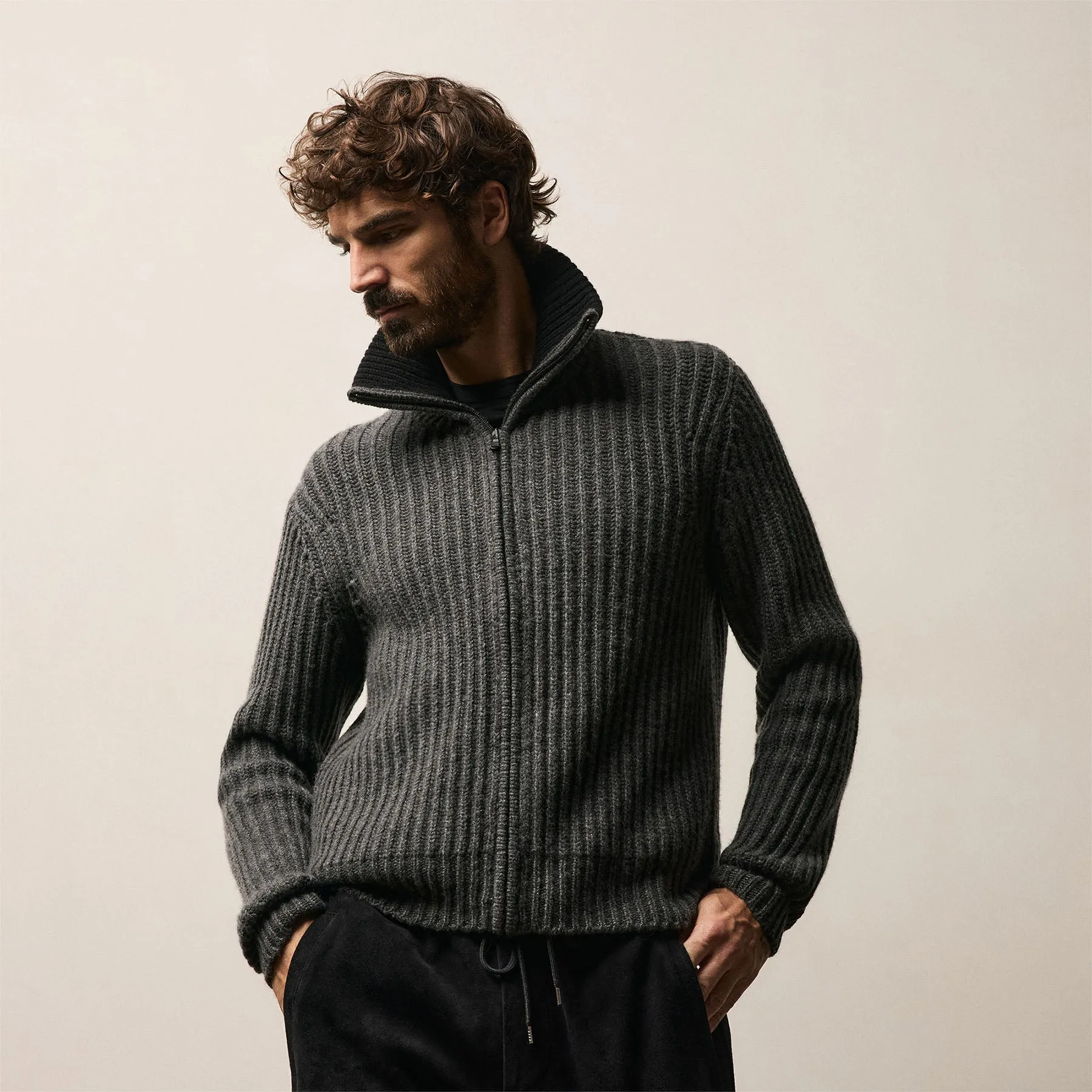 Heavy Rib Cashmere Zip Front Sweater - Anthracite/Black sold by James Perse