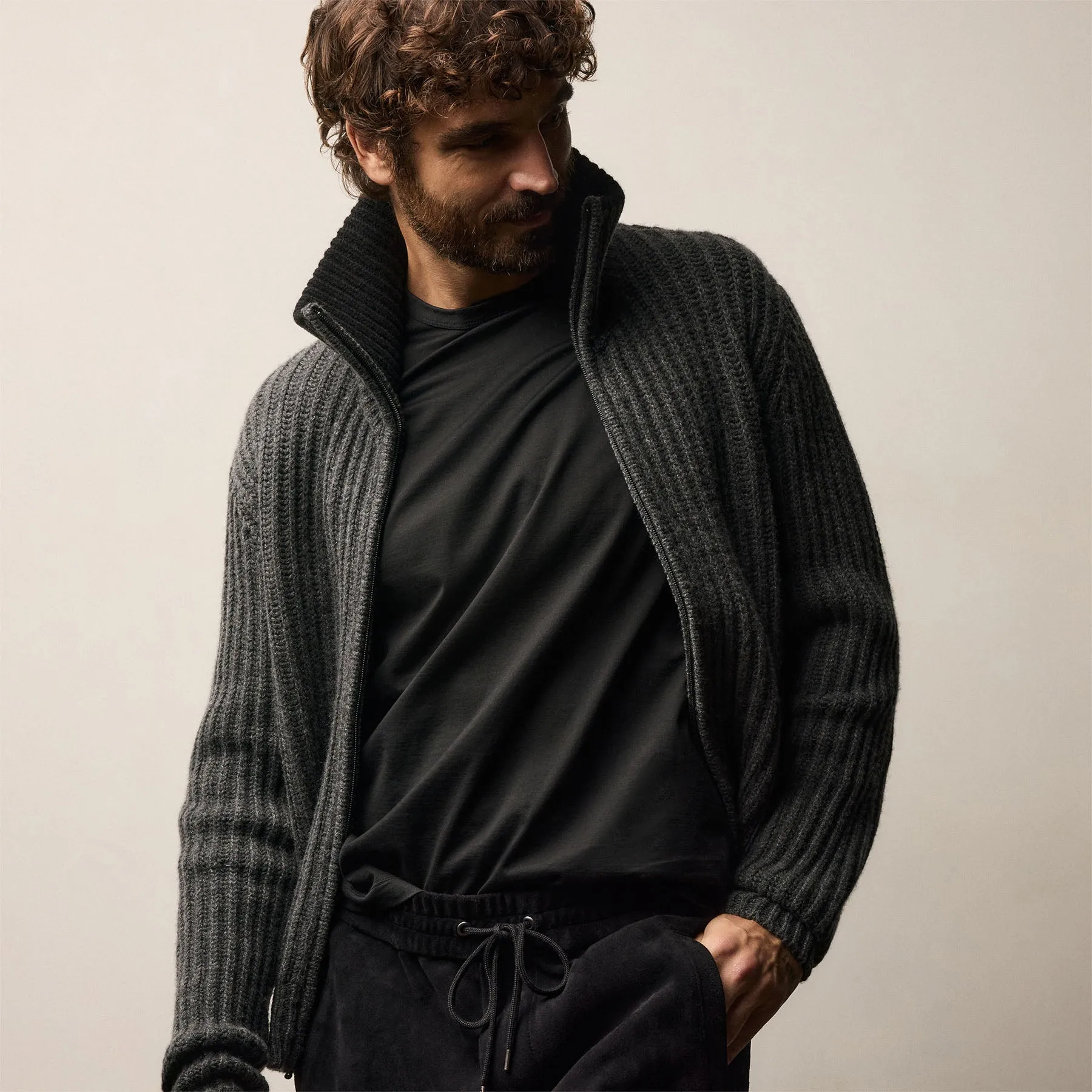 Heavy Rib Cashmere Zip Front Sweater - Anthracite/Black sold by James Perse product image thumbnail 4