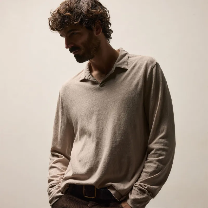 Slub Jersey Long Sleeve Open Polo - Stone Pigment sold by James Perse