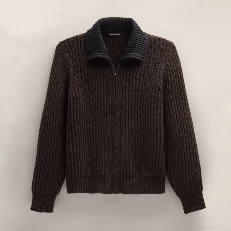 Heavy Rib Cashmere Zip Front Sweater - Kona/Black sold by James Perse