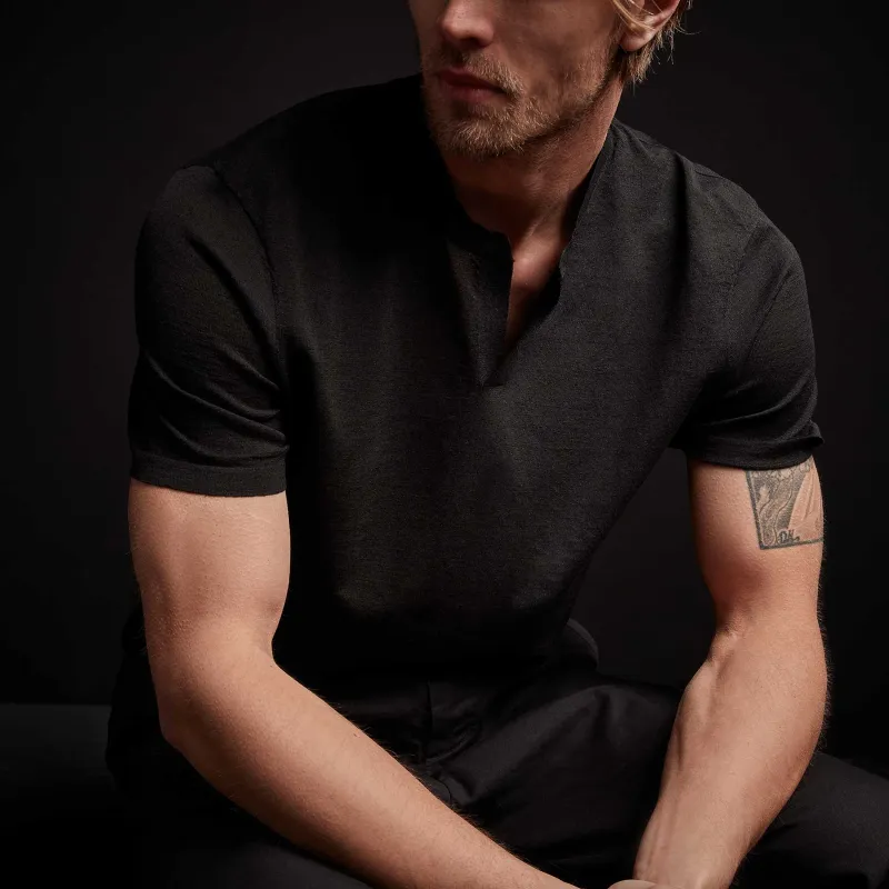 Linen Blend Short Sleeve Henley Sweater - Black sold by James Perse