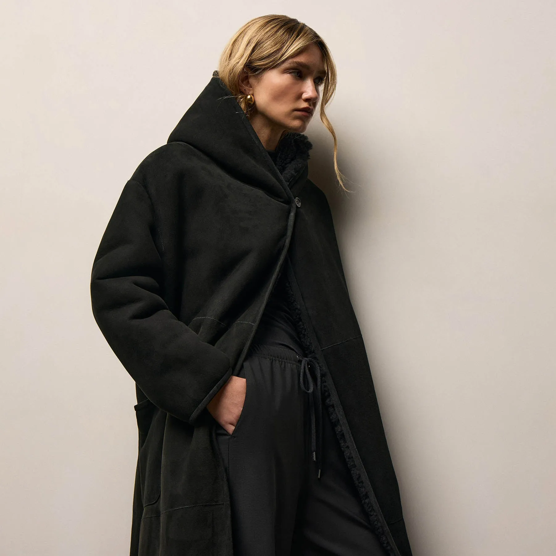 Long Suede Shearling Hooded Coat - Black sold by James Perse product image thumbnail 4