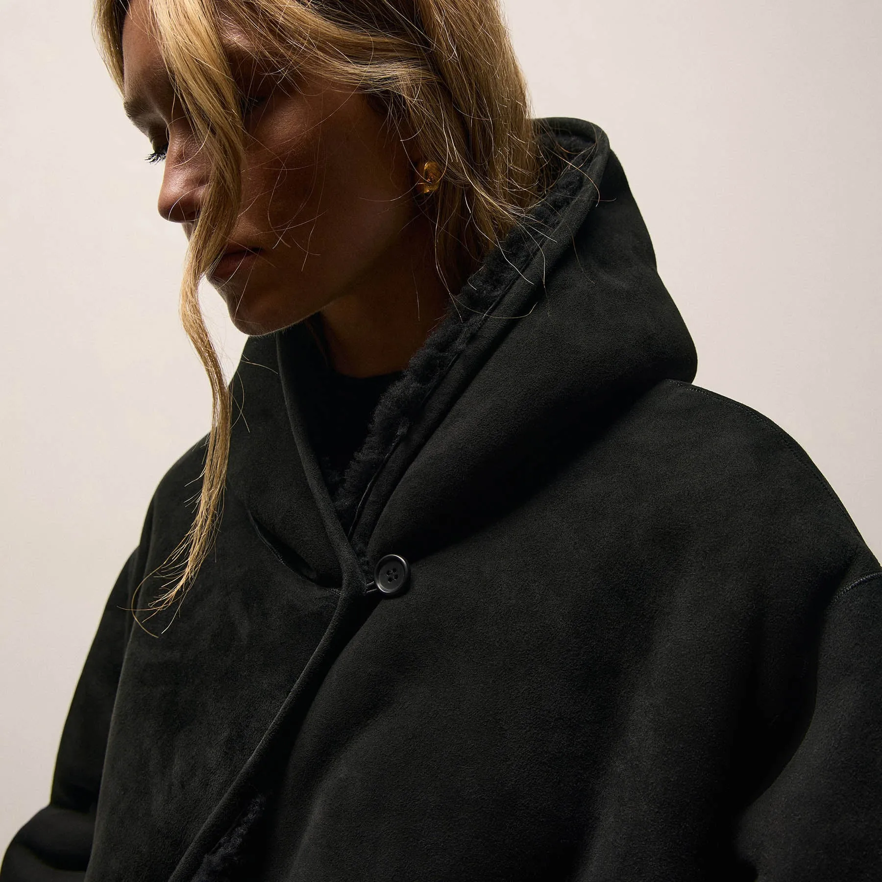 Long Suede Shearling Hooded Coat - Black sold by James Perse product image thumbnail 3
