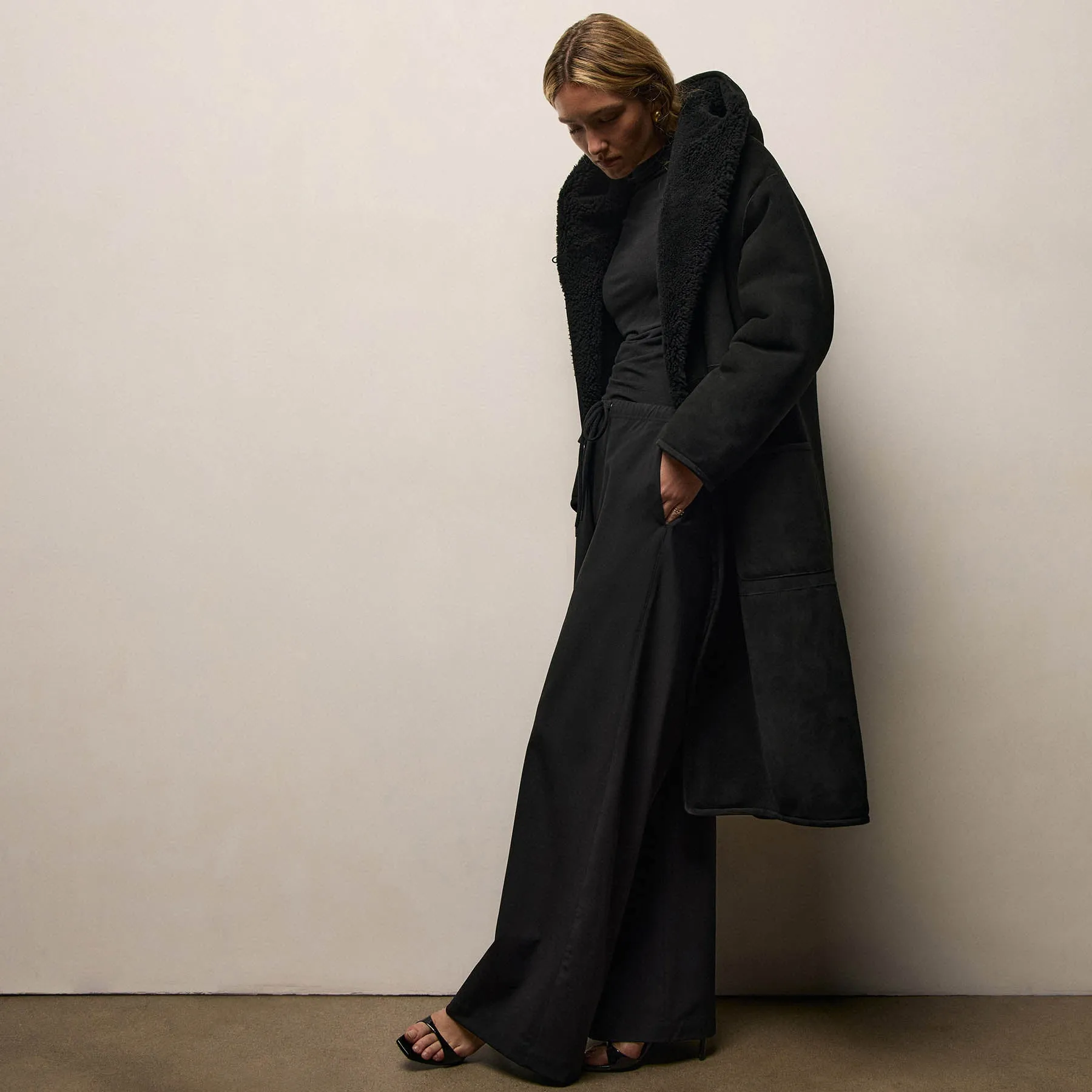 Long Suede Shearling Hooded Coat - Black sold by James Perse