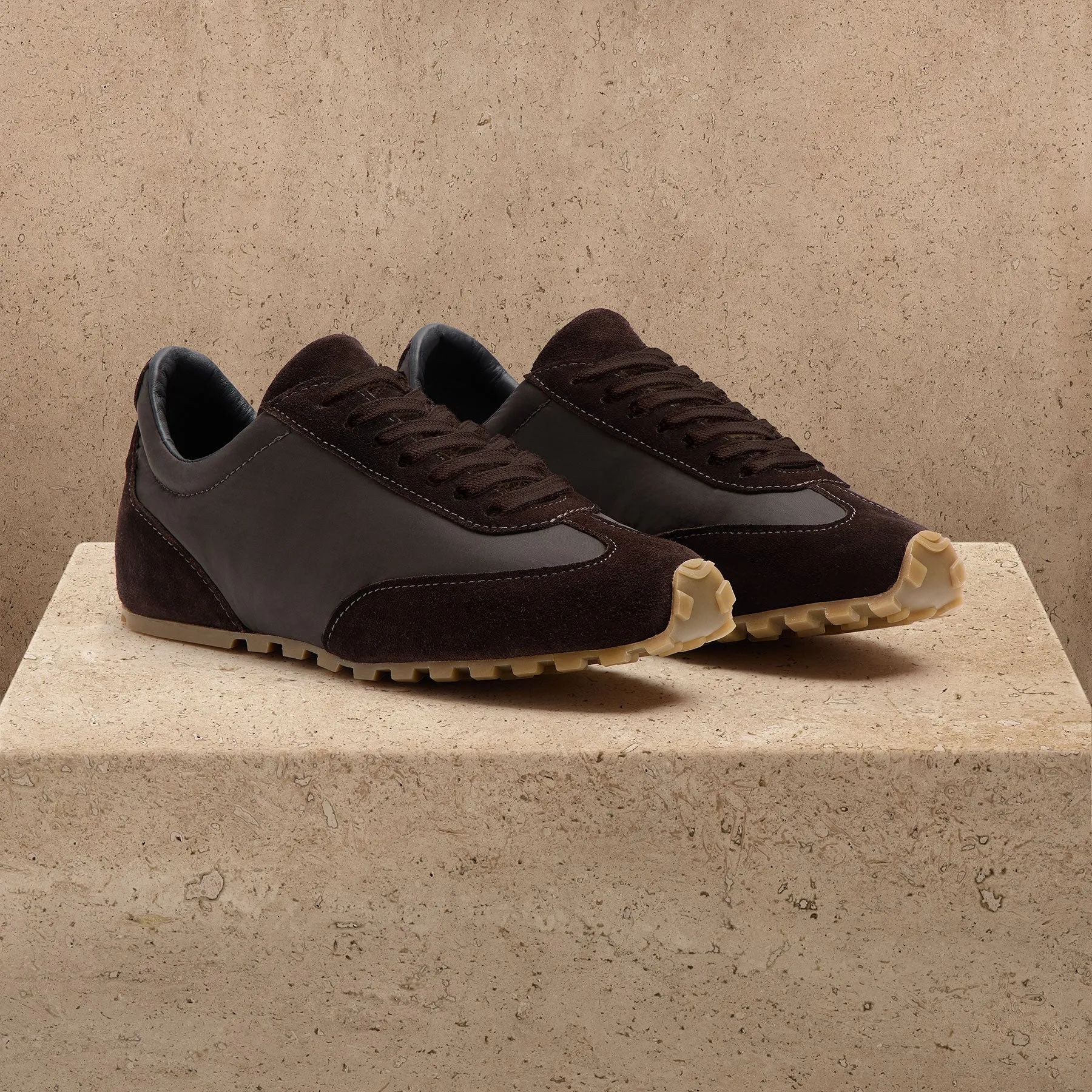 Women's Suede Mixed Media Sneaker - Chocolate sold by James Perse