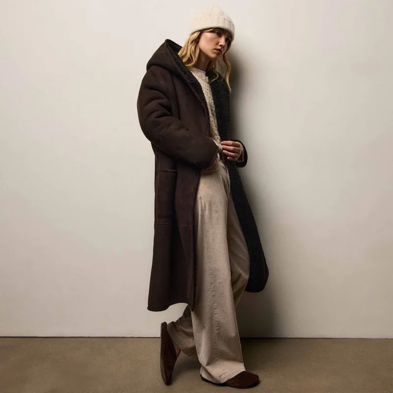 Long Suede Shearling Hooded Coat - Kona sold by James Perse