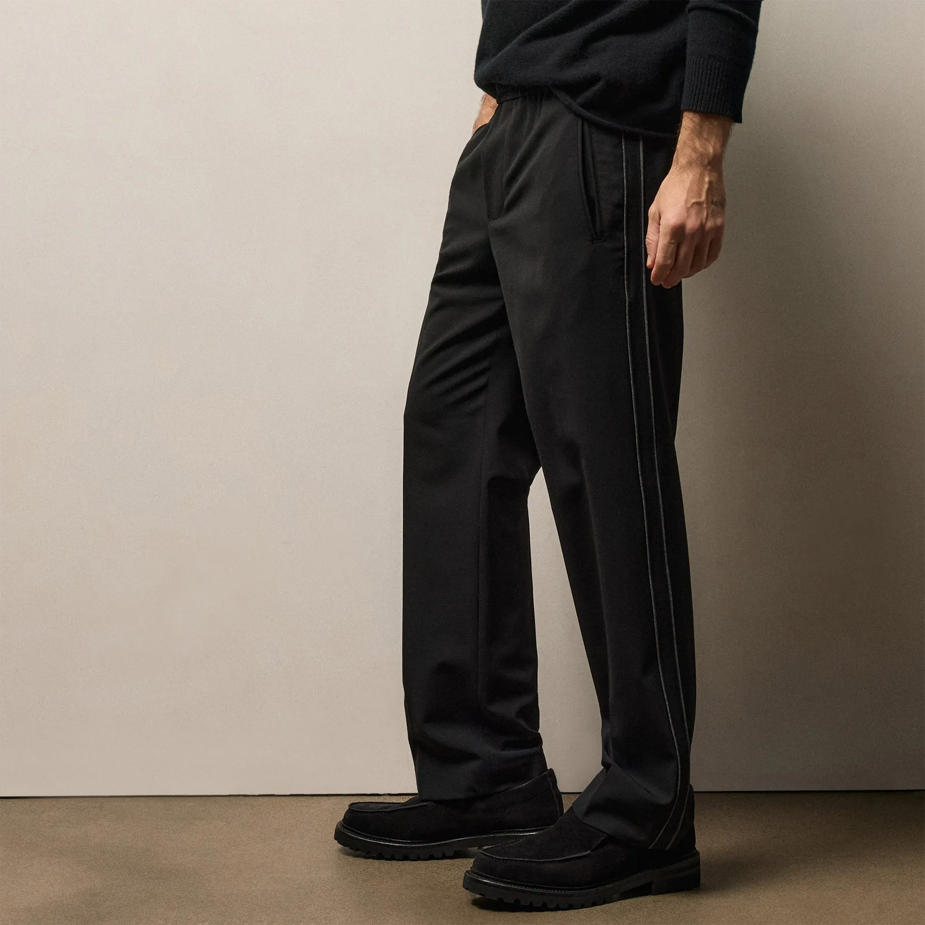 Suede Trimmed Wool Stretch Trouser - Black sold by James Perse