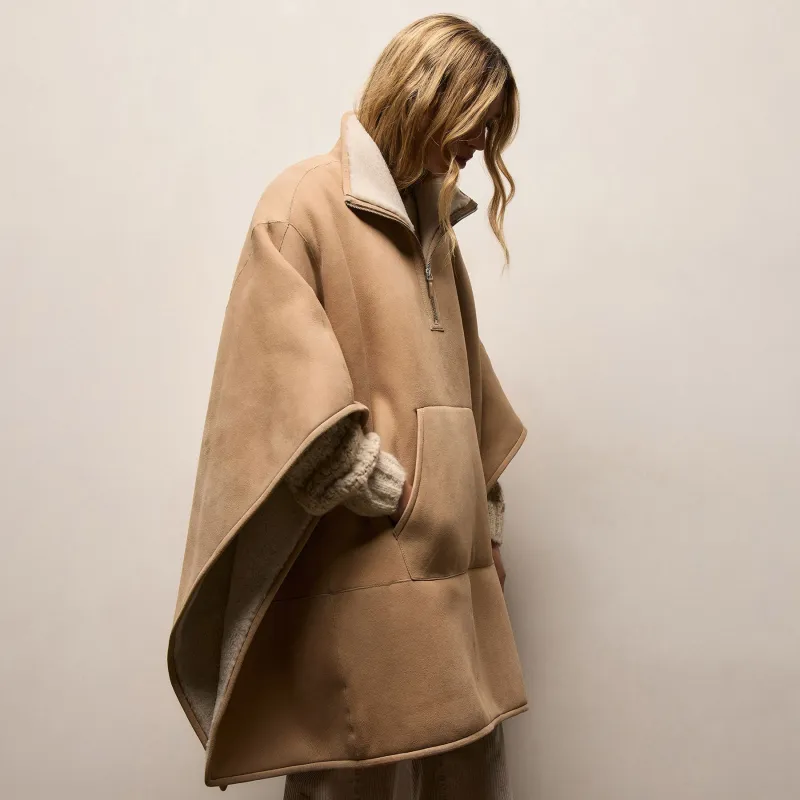 Suede Shearling Poncho - Light Caramel made by James Perse