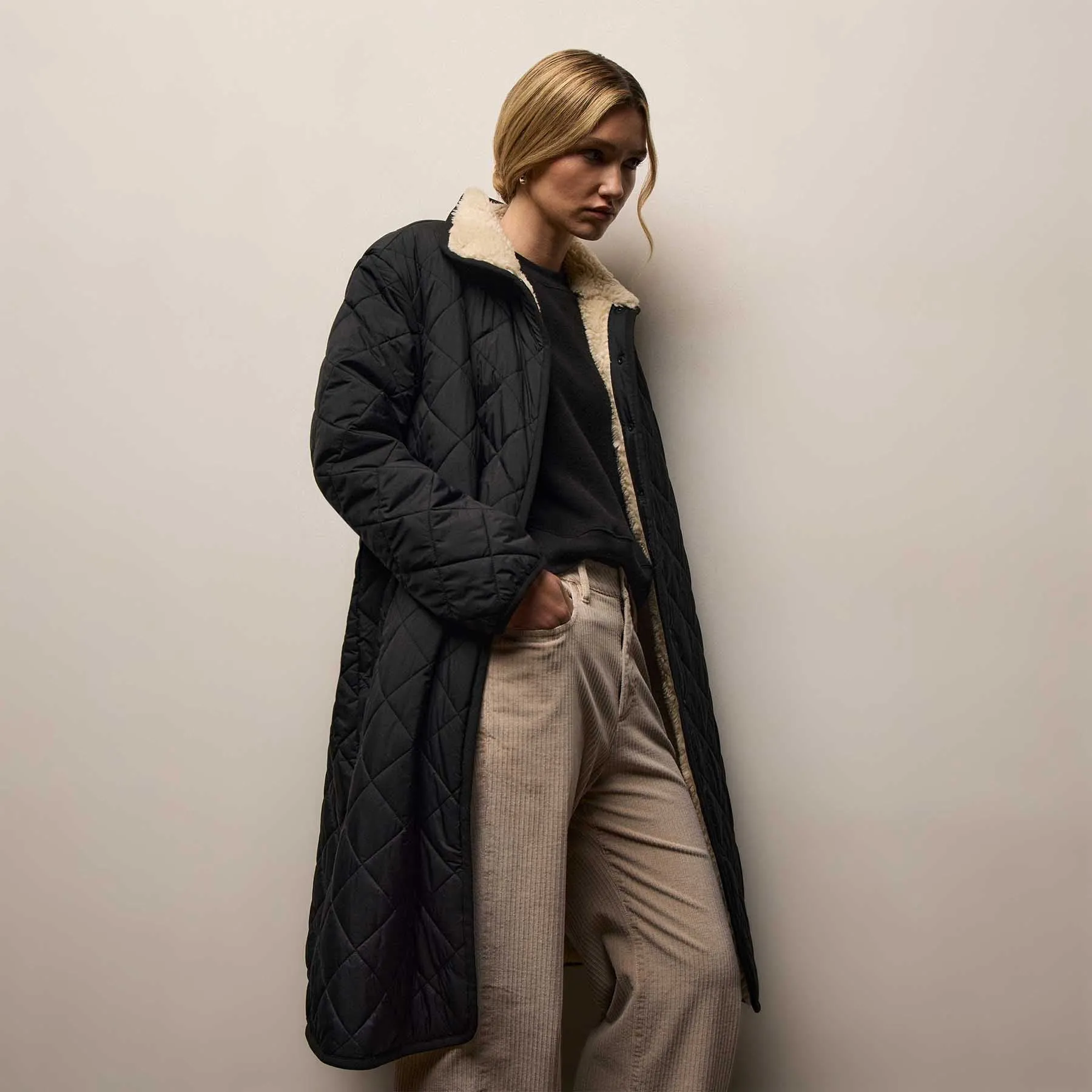 Long Faux Shearling Lined Quilted Coat - Black/Ivory sold by James Perse