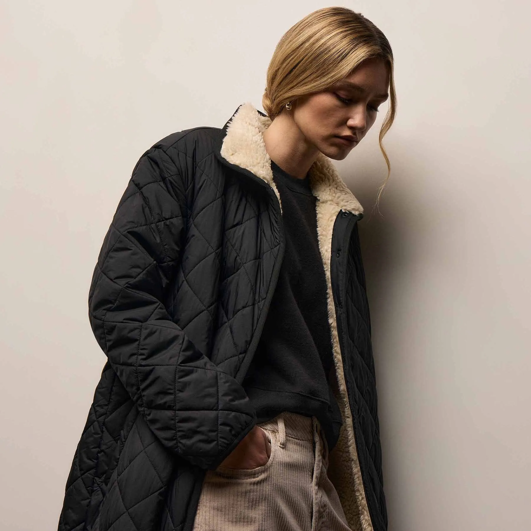 Long Faux Shearling Lined Quilted Coat - Black/Ivory sold by James Perse product image thumbnail 4