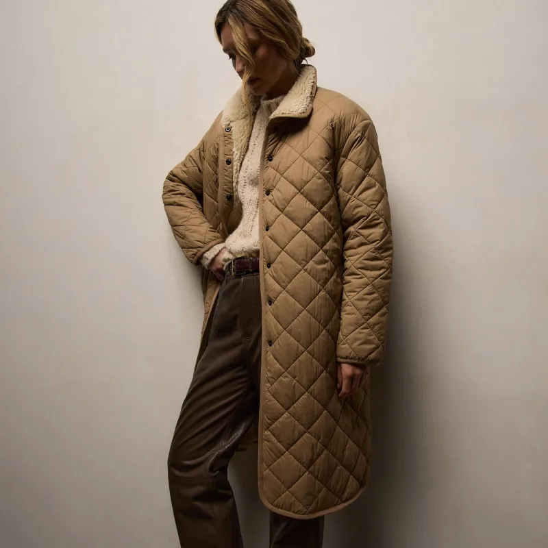Long Faux Shearling Lined Quilted Coat - Toffee/Ivory sold by James Perse