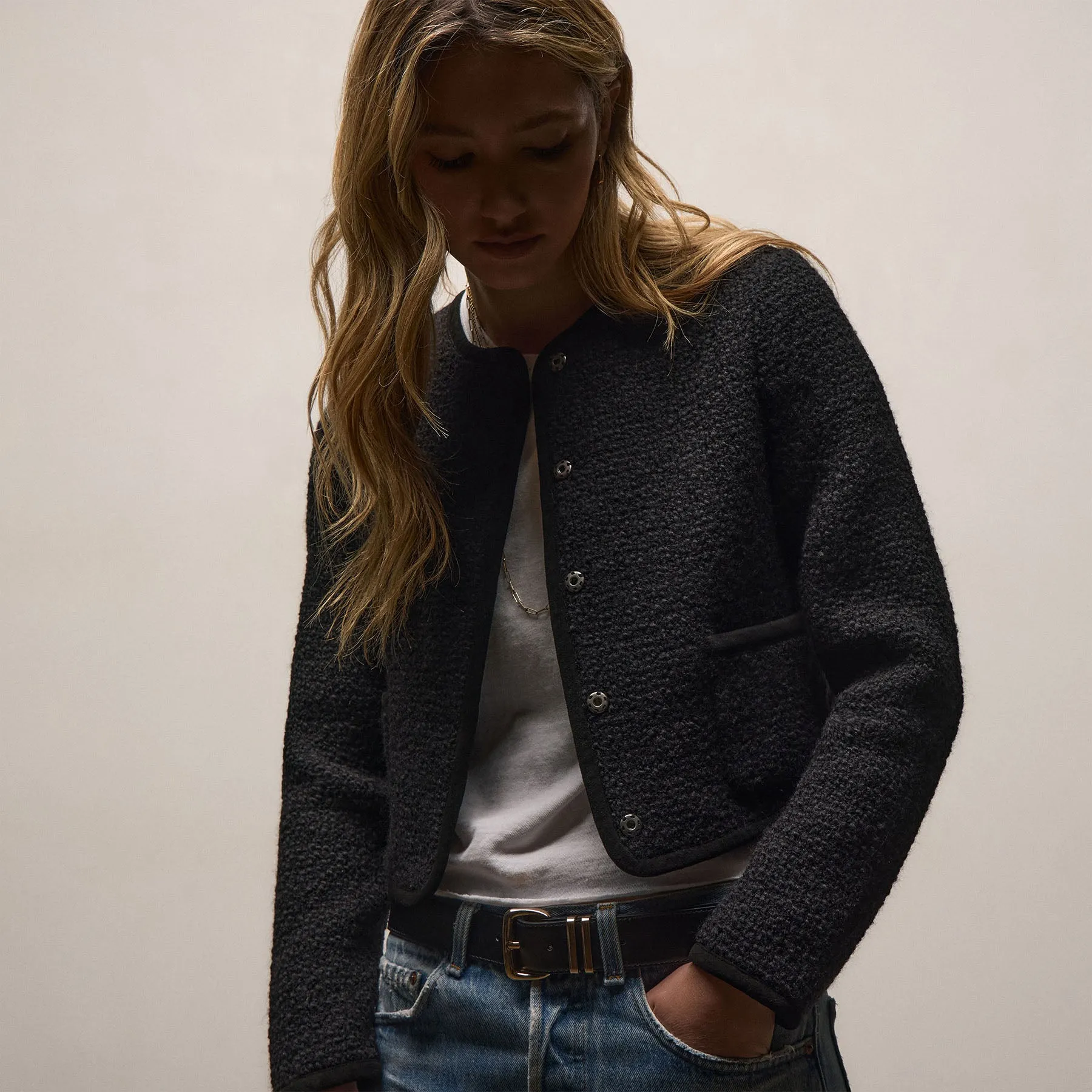 Wool Boucle Button Front Jacket - Black sold by James Perse