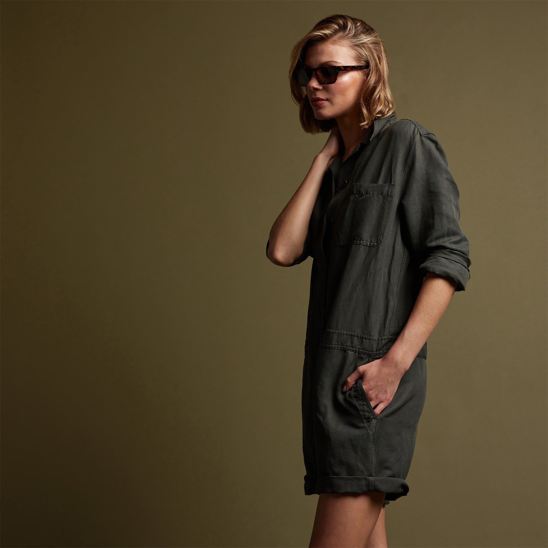 Linen Herringbone Romper - Marsh Pigment sold by James Perse product image thumbnail 3