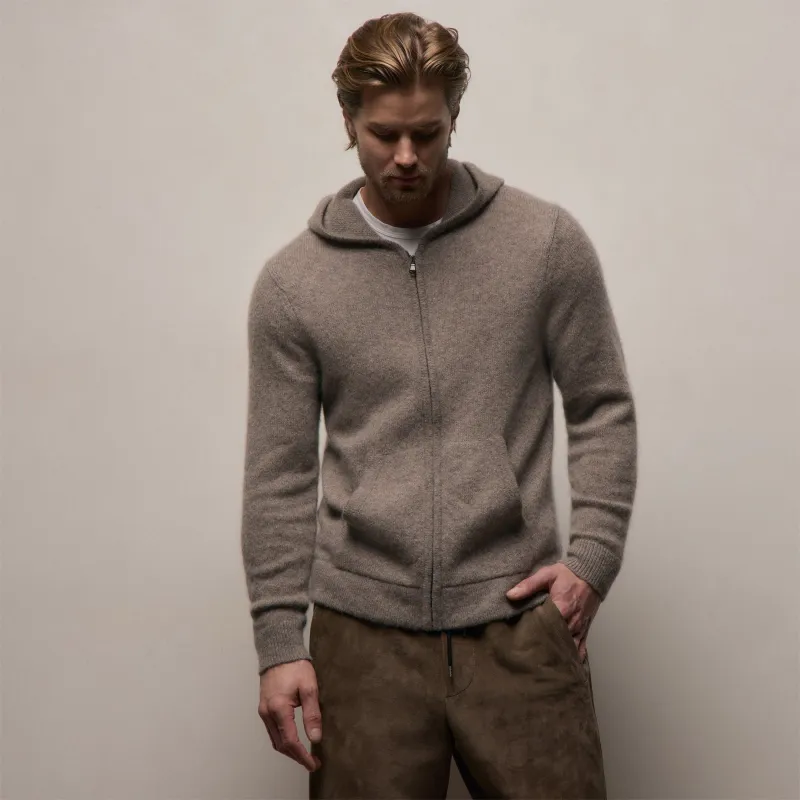 Lightweight Textured Cashmere Knit Zip Up Hoodie - Beige Melange sold by James Perse