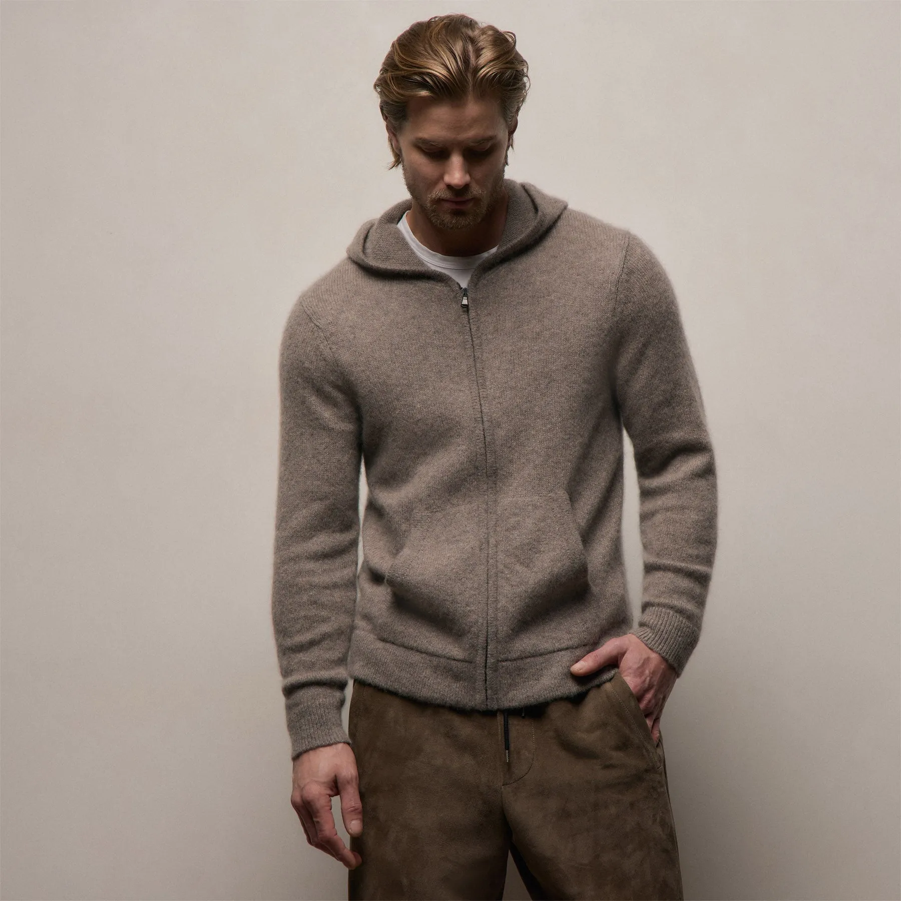 Lightweight Textured Cashmere Knit Zip Up Hoodie - Beige Melange sold by James Perse