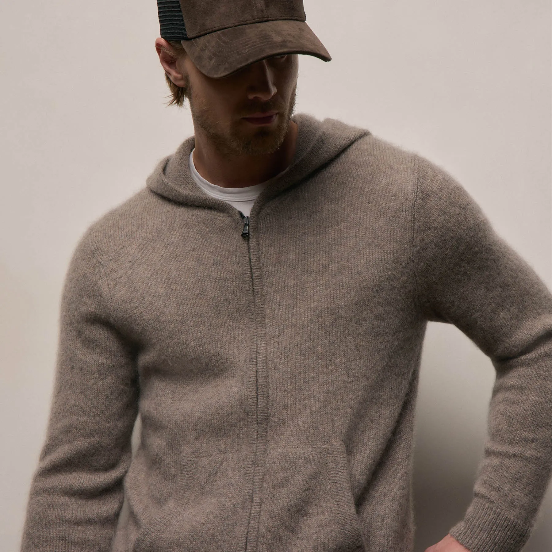 Lightweight Textured Cashmere Knit Zip Up Hoodie - Beige Melange sold by James Perse product image thumbnail 3