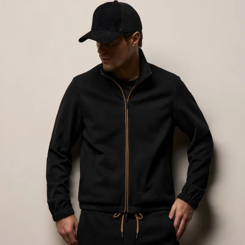 Brushed Cotton Suede Piped Track Jacket - Black/Whiskey sold by James Perse