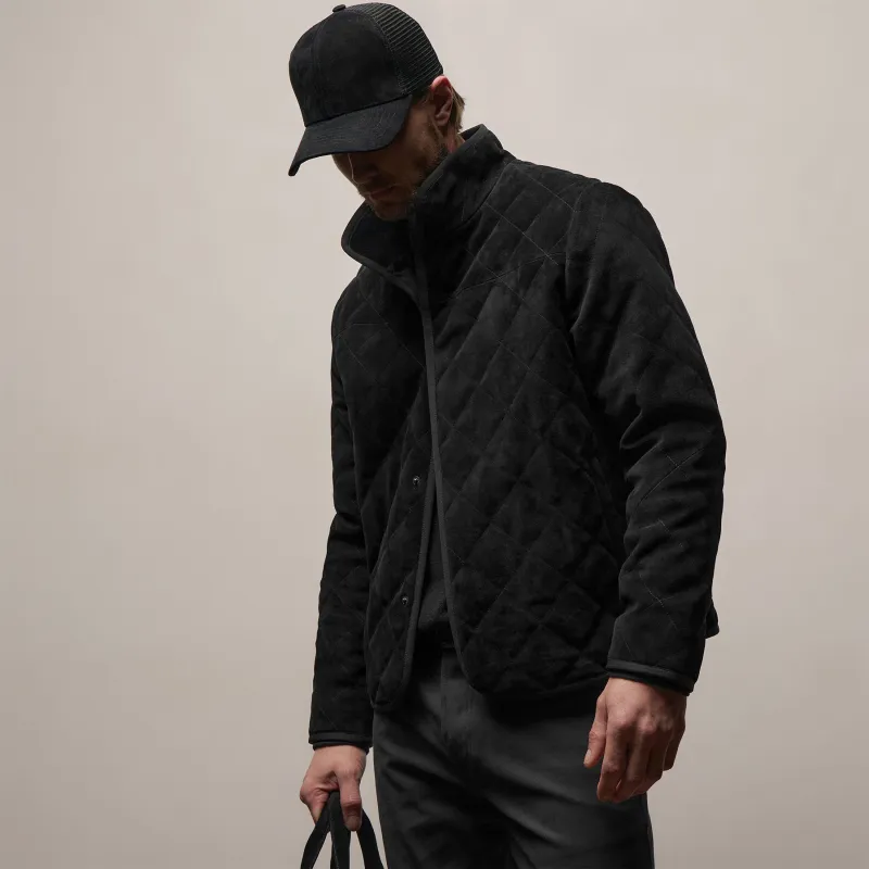Quilted Suede Snap Front Jacket - Black sold by James Perse