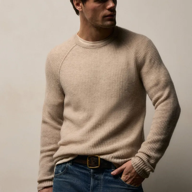 Soft Featherweight Cashmere Waffle Crew - Light Beige sold by James Perse
