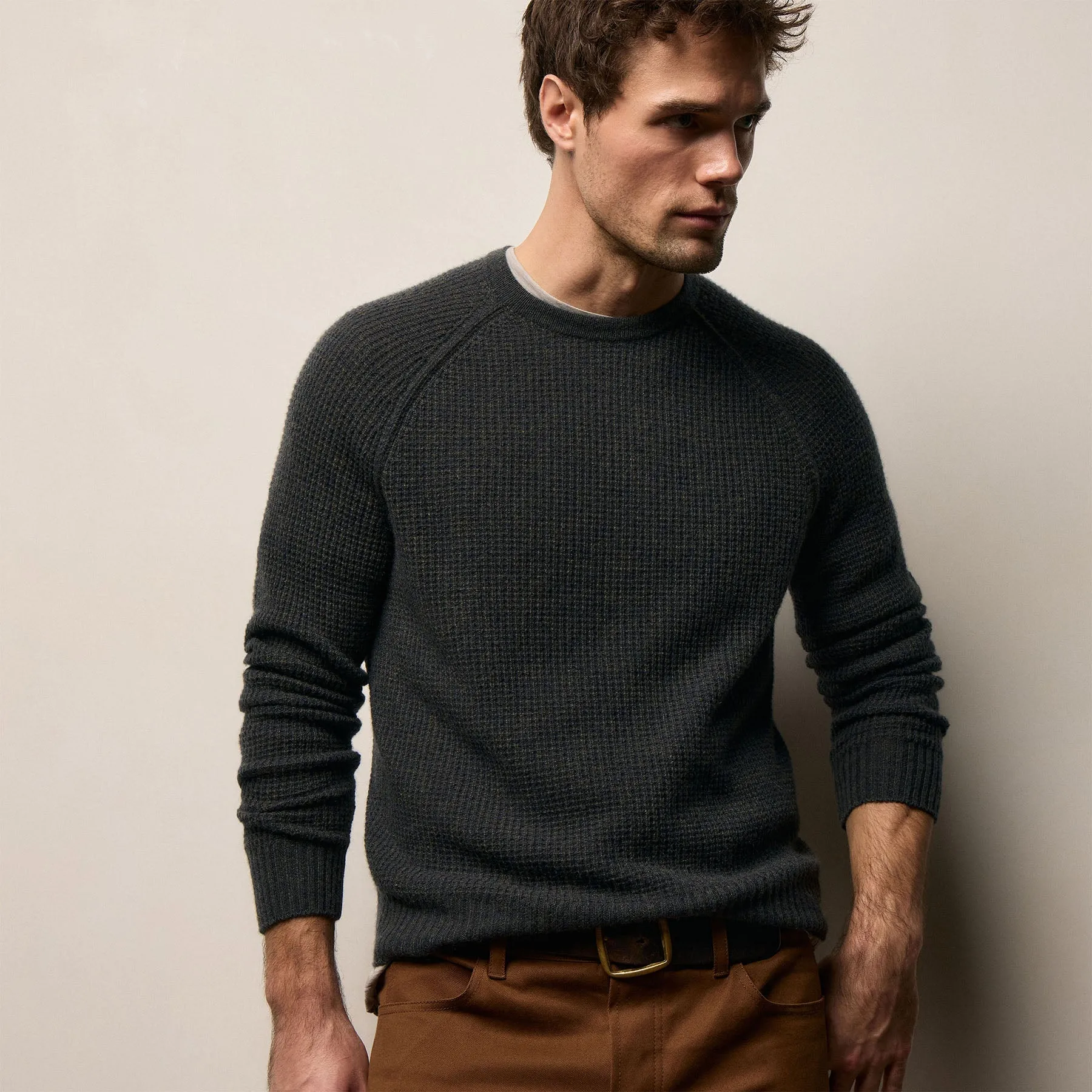 Soft Featherweight Cashmere Waffle Crew - Coal sold by James Perse