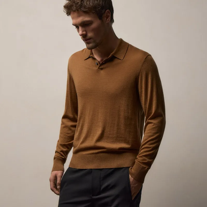 Ultrafine Cashmere Long Sleeve Polo - Whiskey sold by James Perse