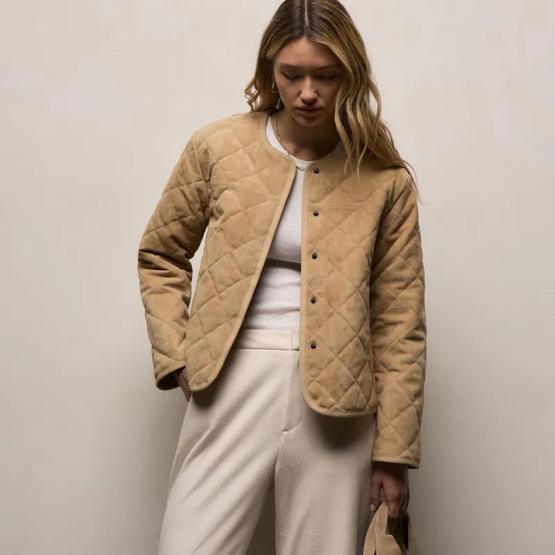 Quilted Suede Collarless Jacket - Sand sold by James Perse