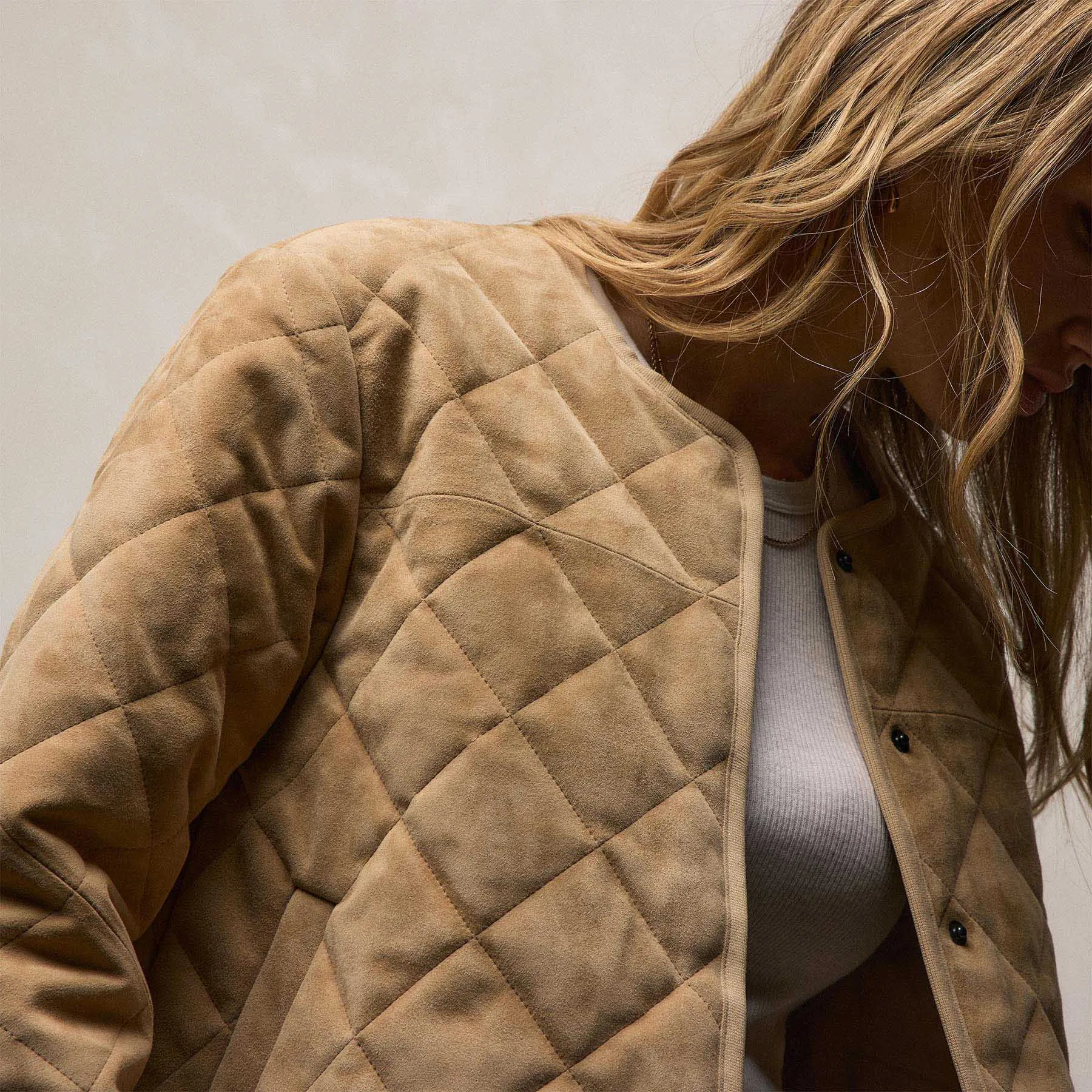 Quilted Suede Collarless Jacket - Sand sold by James Perse product image thumbnail 2