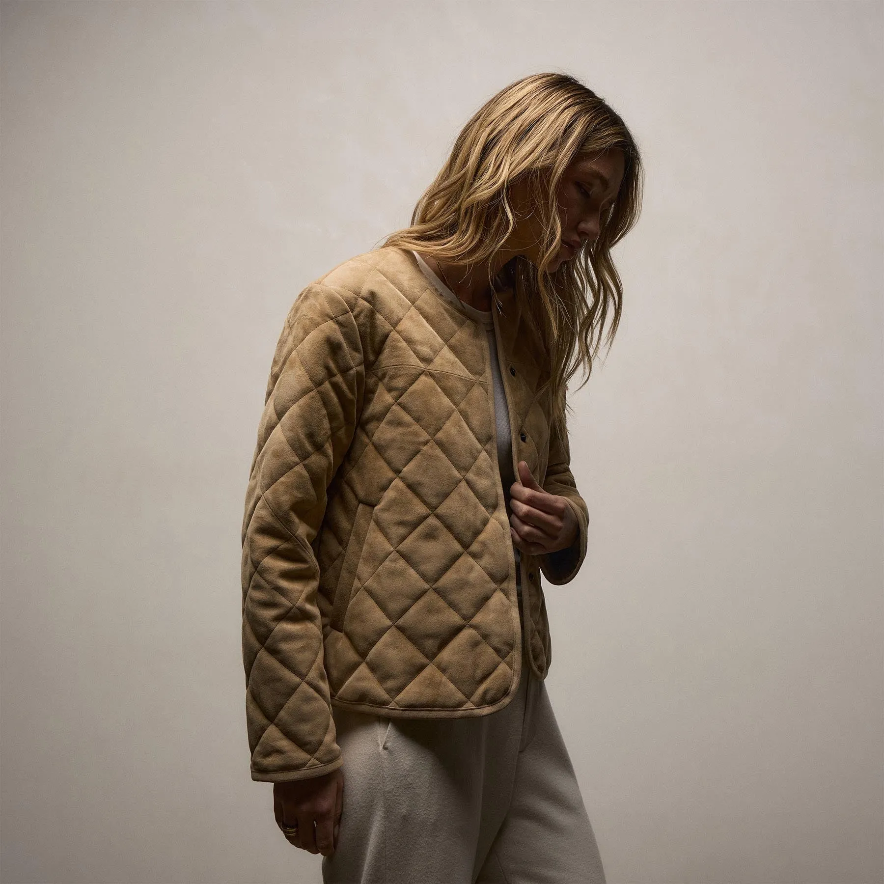 Quilted Suede Collarless Jacket - Sand sold by James Perse product image thumbnail 3