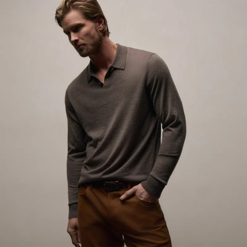 Ultrafine Cashmere Long Sleeve Polo - Dusty Brown sold by James Perse