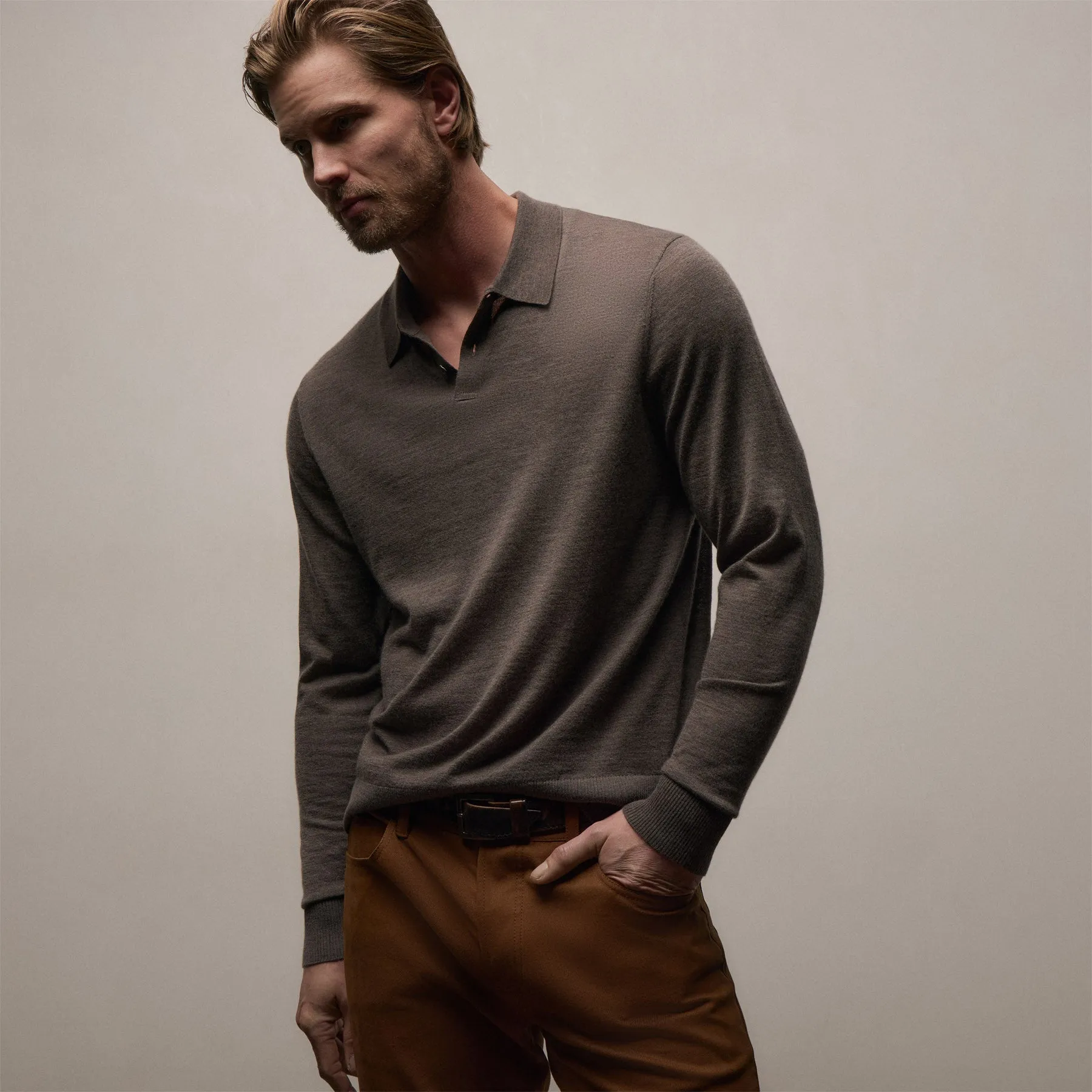 Ultrafine Cashmere Long Sleeve Polo - Dusty Brown sold by James Perse