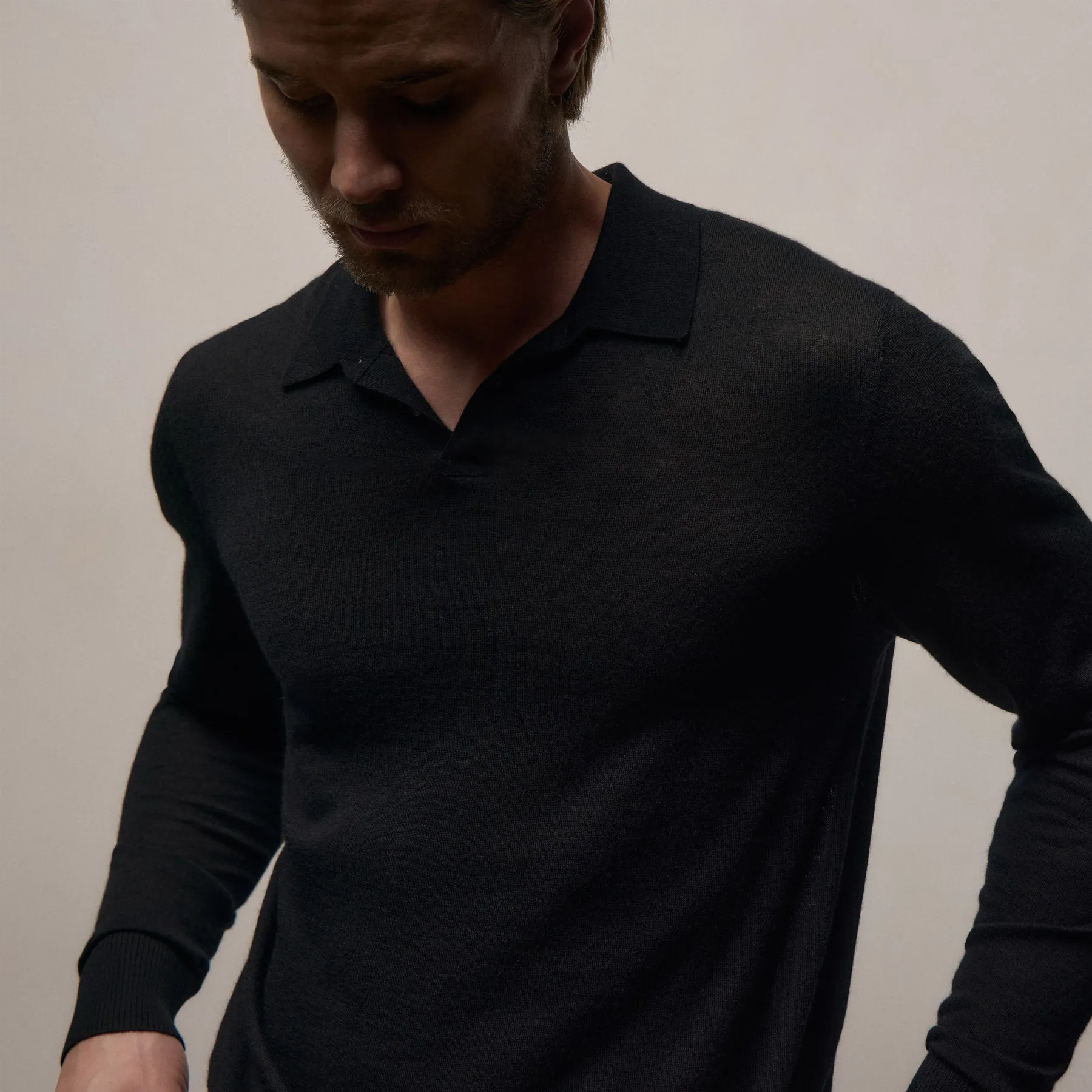 Ultrafine Cashmere Long Sleeve Polo - Black sold by James Perse