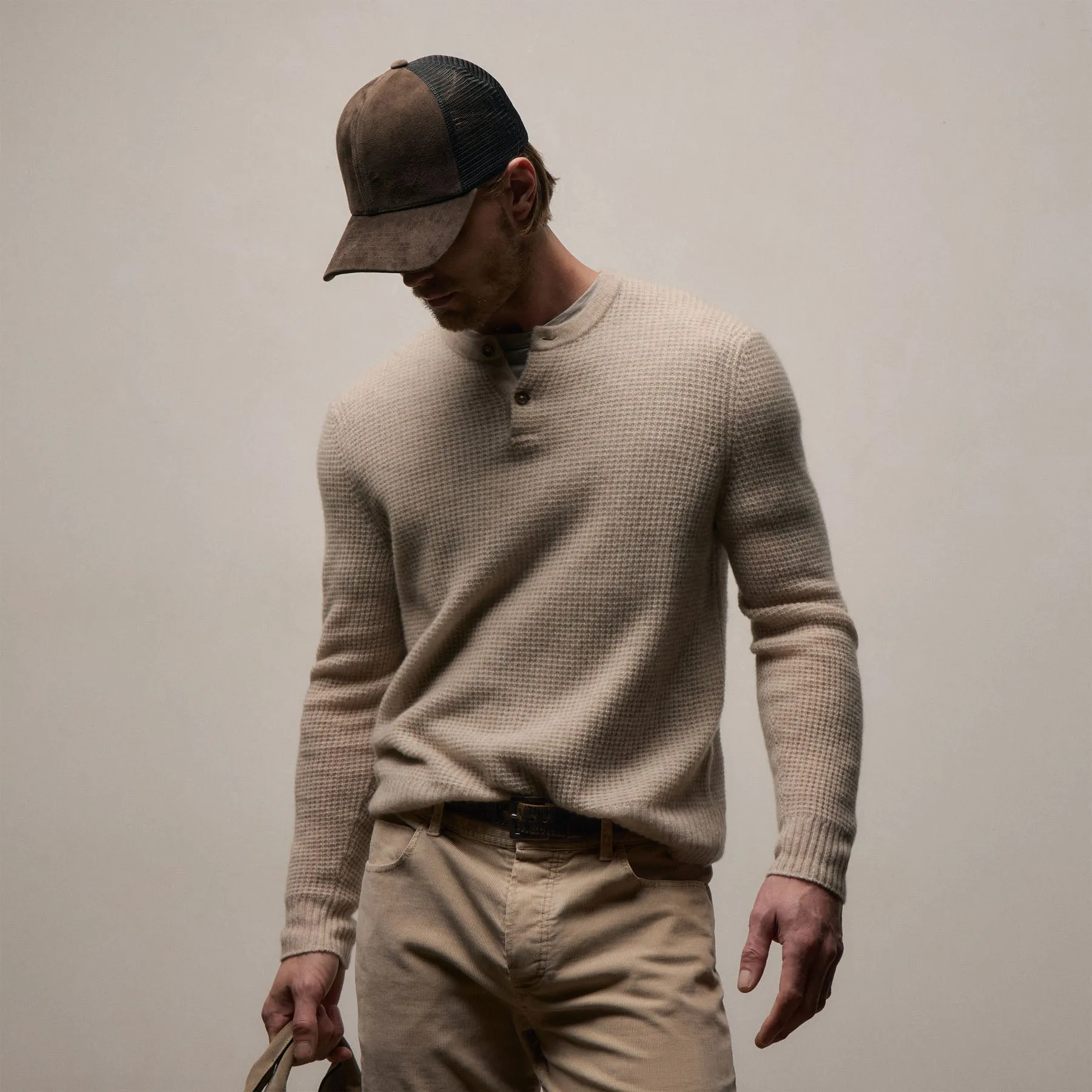 Soft Featherweight Cashmere Waffle Henley - Light Beige sold by James Perse