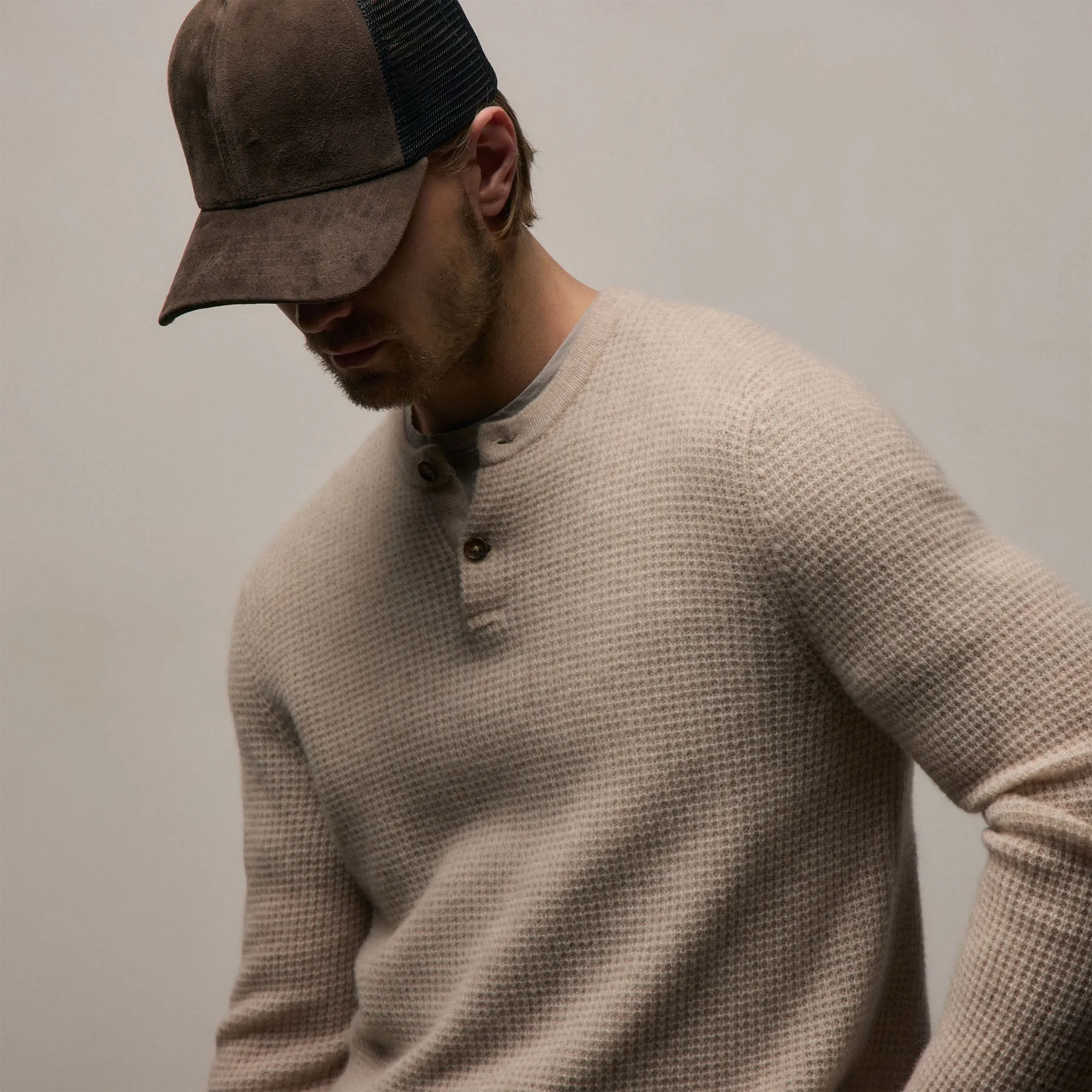Soft Featherweight Cashmere Waffle Henley - Light Beige sold by James Perse product image thumbnail 3